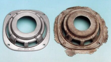 Image is a before and after shot showing the difference between an unfinished part and a deflashed part.