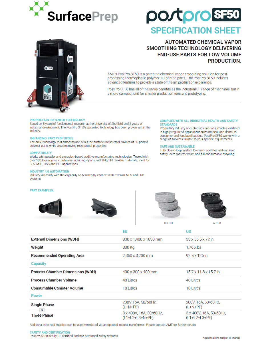 AMT PostPro SF50 specification sheet