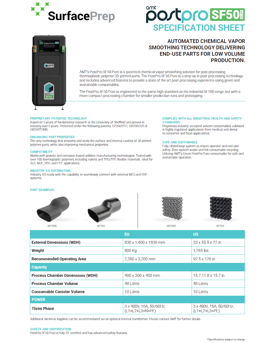 AMT PostPro SF50 specification sheet