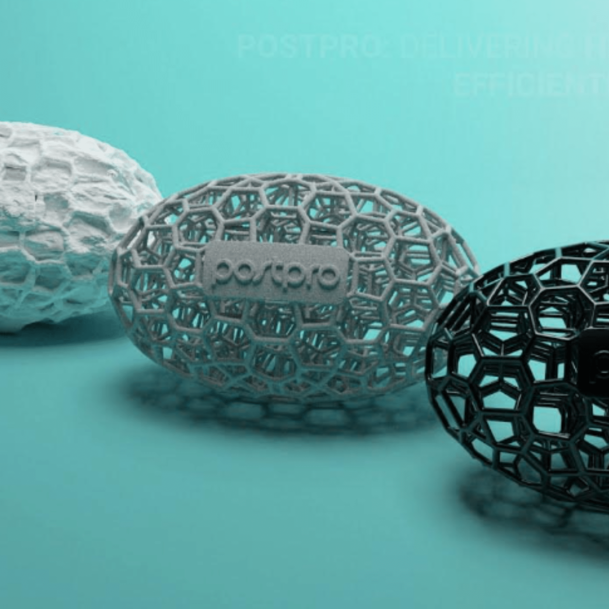 Three 3D printed test parts on a blue background with the AMT PostPro logo